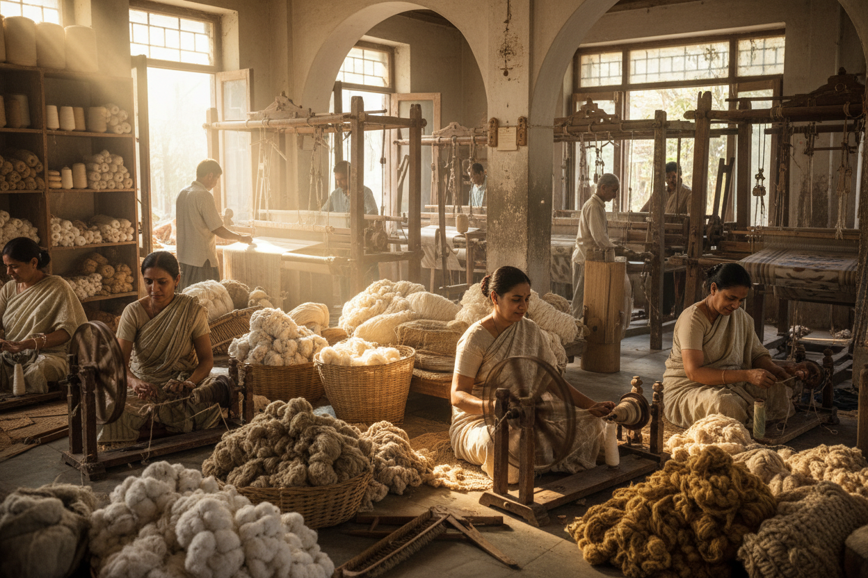 create a image where people are making the fabric with natural fibre