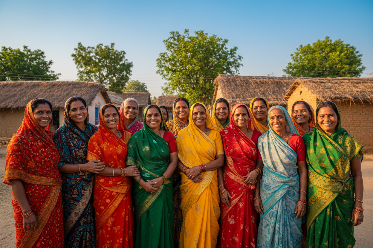 create a scenario for the village women standing together and giving similing pose