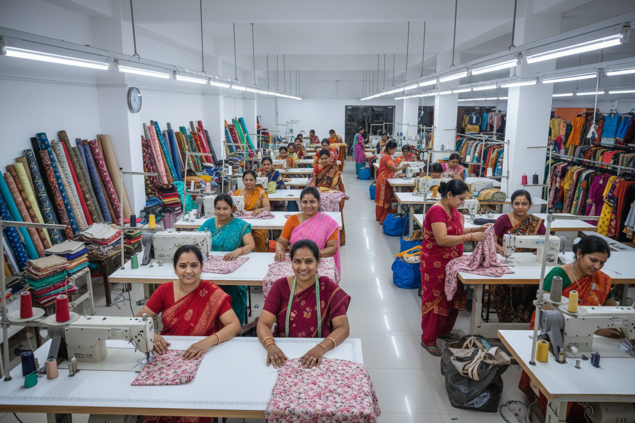 create a scenario where village women are working in a garment manufacturing shop floor