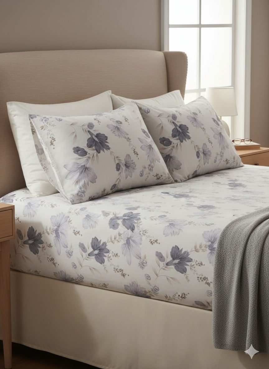 Matangeez Floral Cotton Blend Bedsheet Set for Double Bed & Single Bed – Soft Pastel Lavender Print with Matching Pillow and Cushion Covers