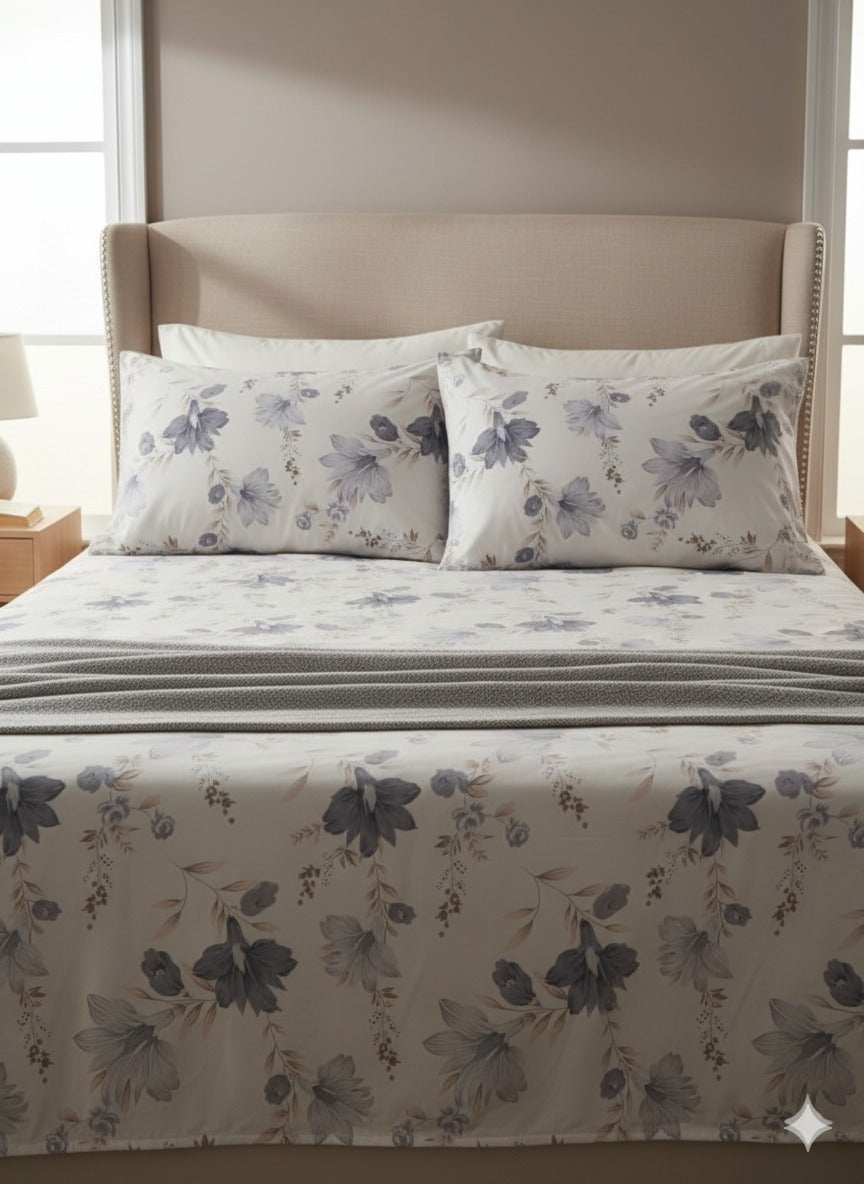 Matangeez Floral Cotton Blend Bedsheet Set for Double Bed & Single Bed – Soft Pastel Lavender Print with Matching Pillow and Cushion Covers