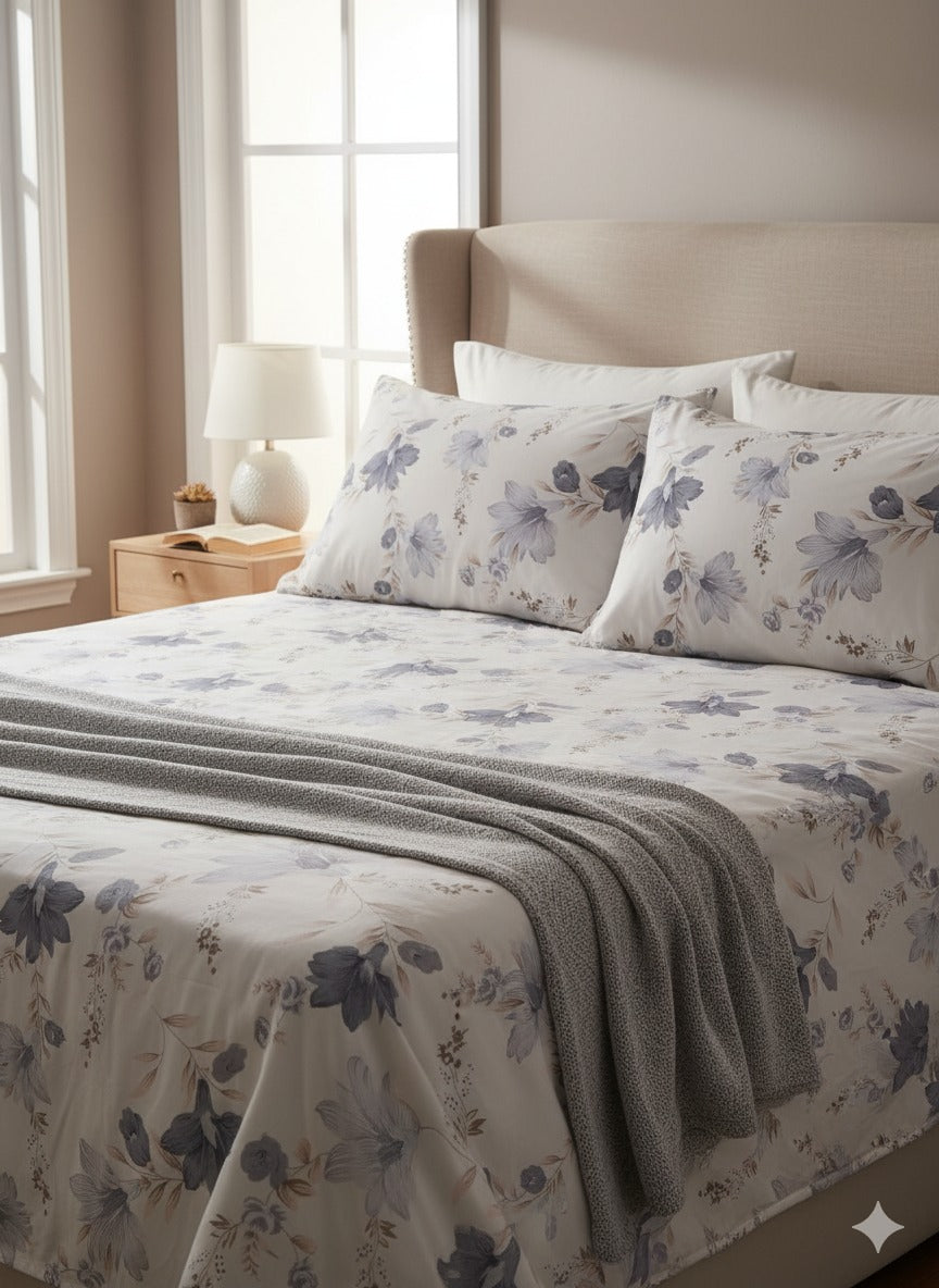 Matangeez Floral Cotton Blend Bedsheet Set for Double Bed & Single Bed – Soft Pastel Lavender Print with Matching Pillow and Cushion Covers